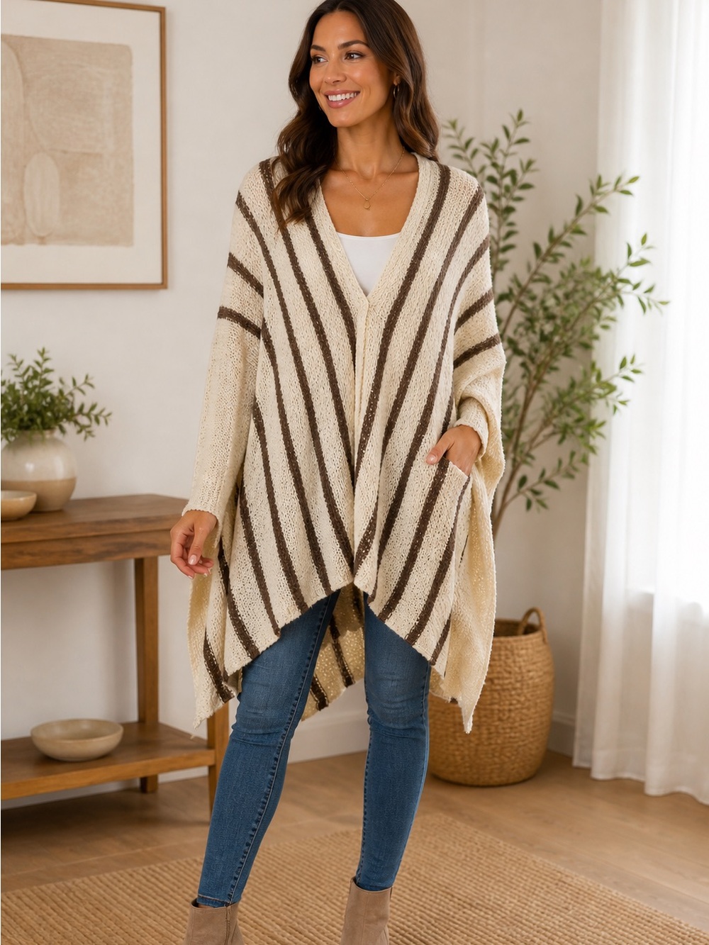 Vintage Free People Cream and Brown Striped Open Front 2 Snap Cardigan/Poncho